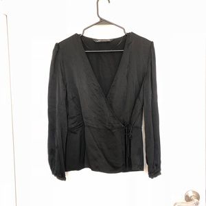 Zara Black Satin Blouse XL Long Sleeve
